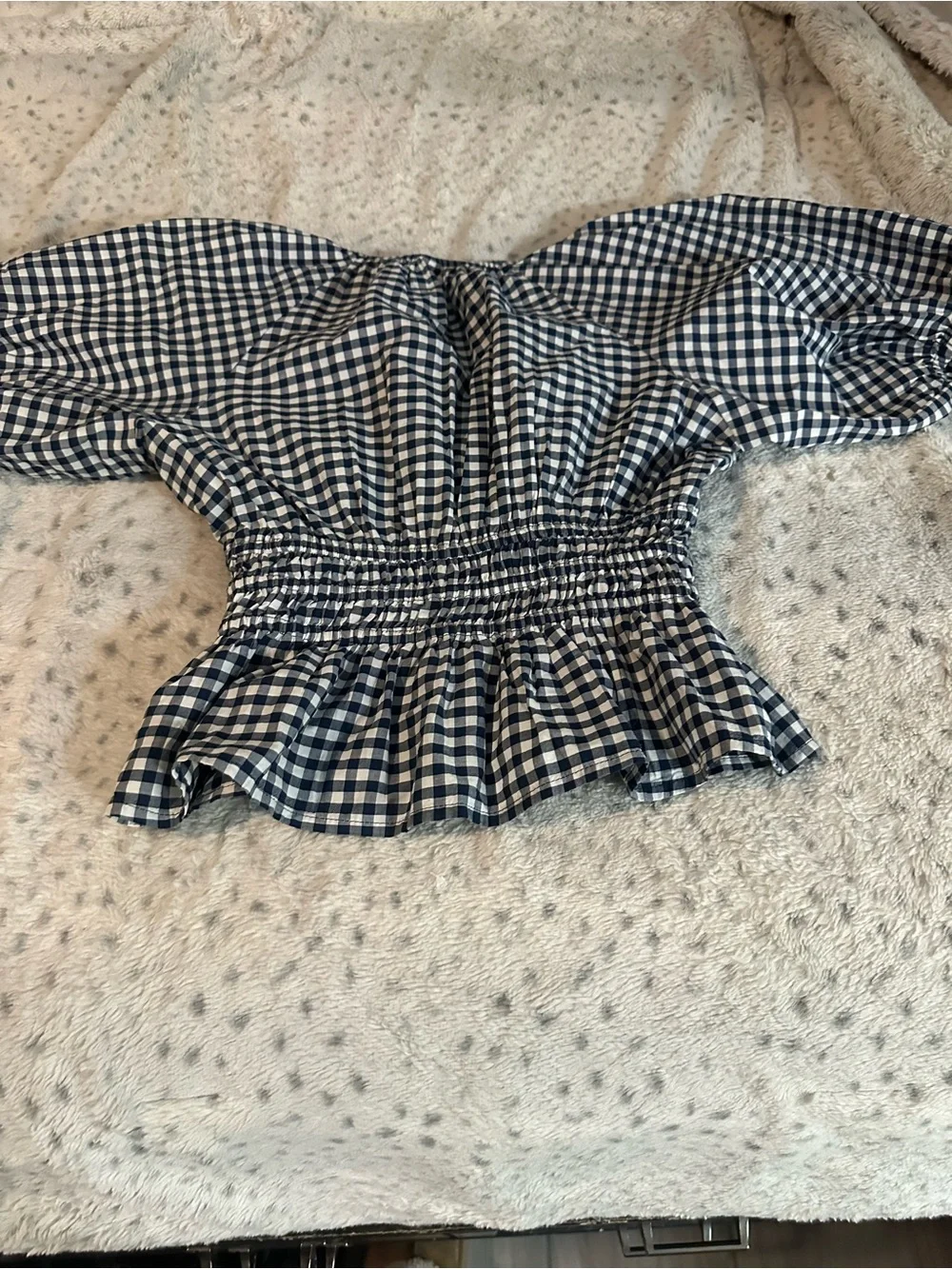 Old Navy Navy and White Gingham Puff Sleeve Peplum Top